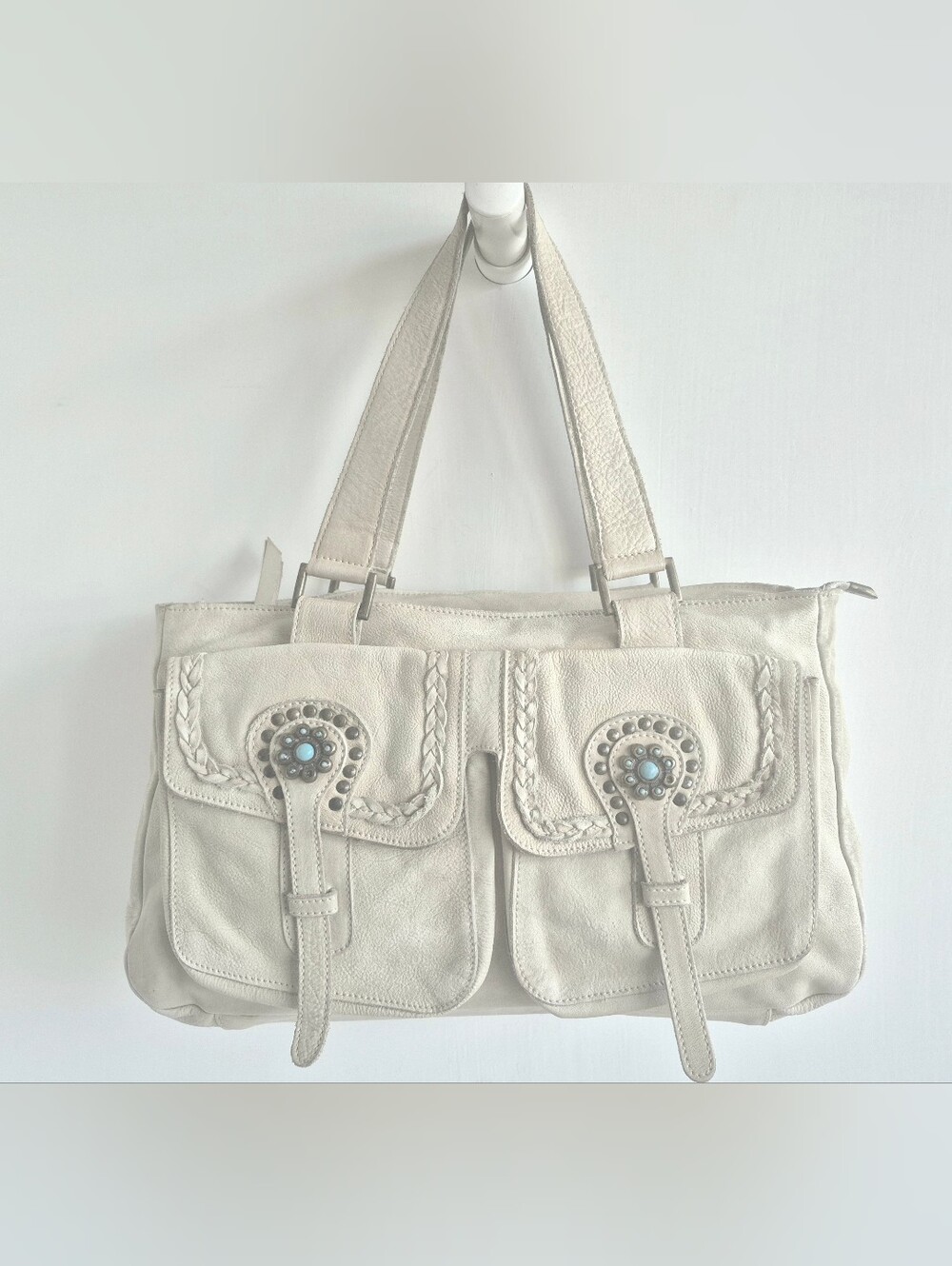 Innue Italy S-W Design Cream Leather Distressed look Large Shoulder Bag